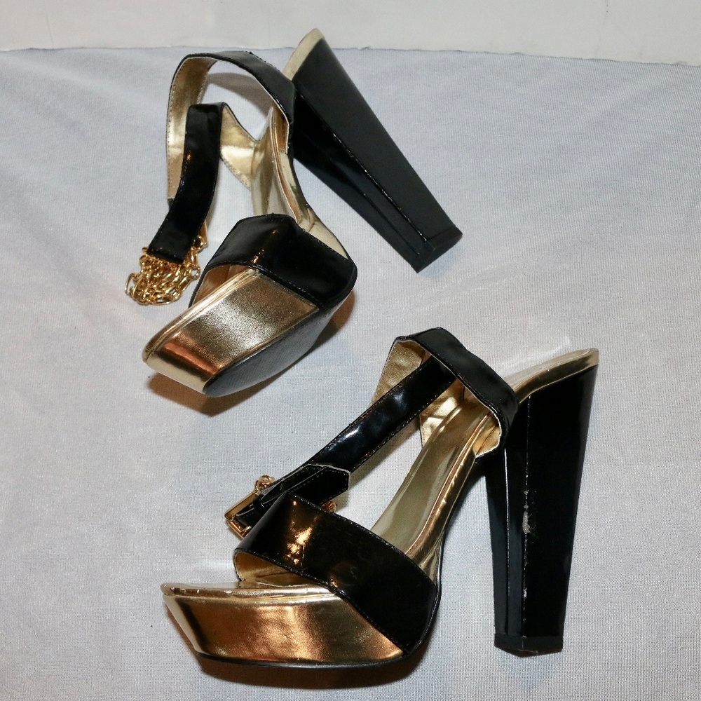 Frederick's Gold Black Chain Party Glam Heels